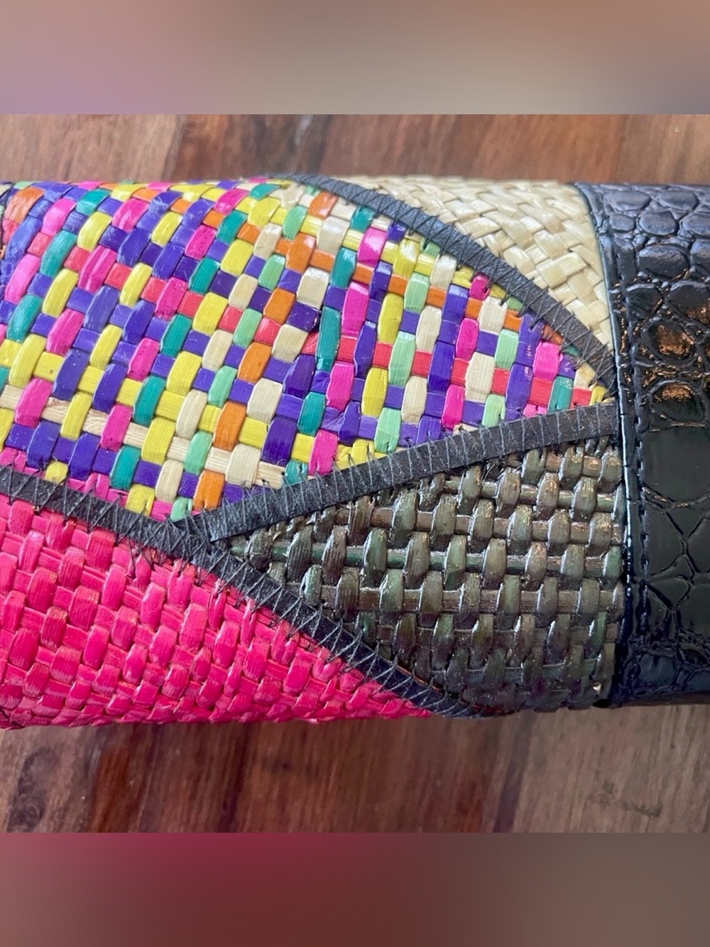 Woven Straw Multicolor Wristlet Clutch with Gem Accent - Picture 8 of 8